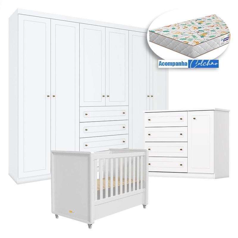 Quarto Infantil Americano 6 Portas com Berço Tutto New Branco Fosco e Colchão Gazin - Henn