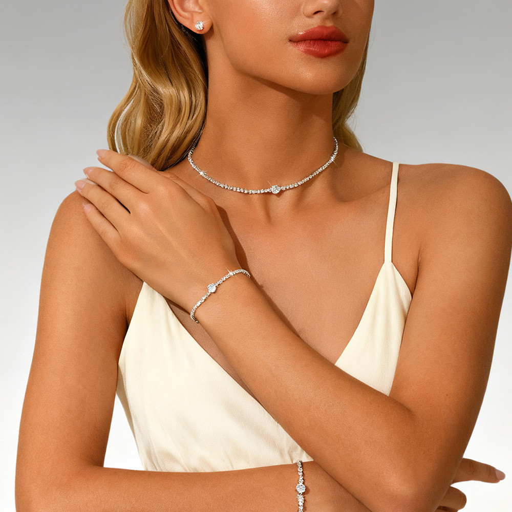 Colar de diamante geométrico brincos pulseira festa de noiva conjunto de 3 peças simples acessórios de celebração de mod