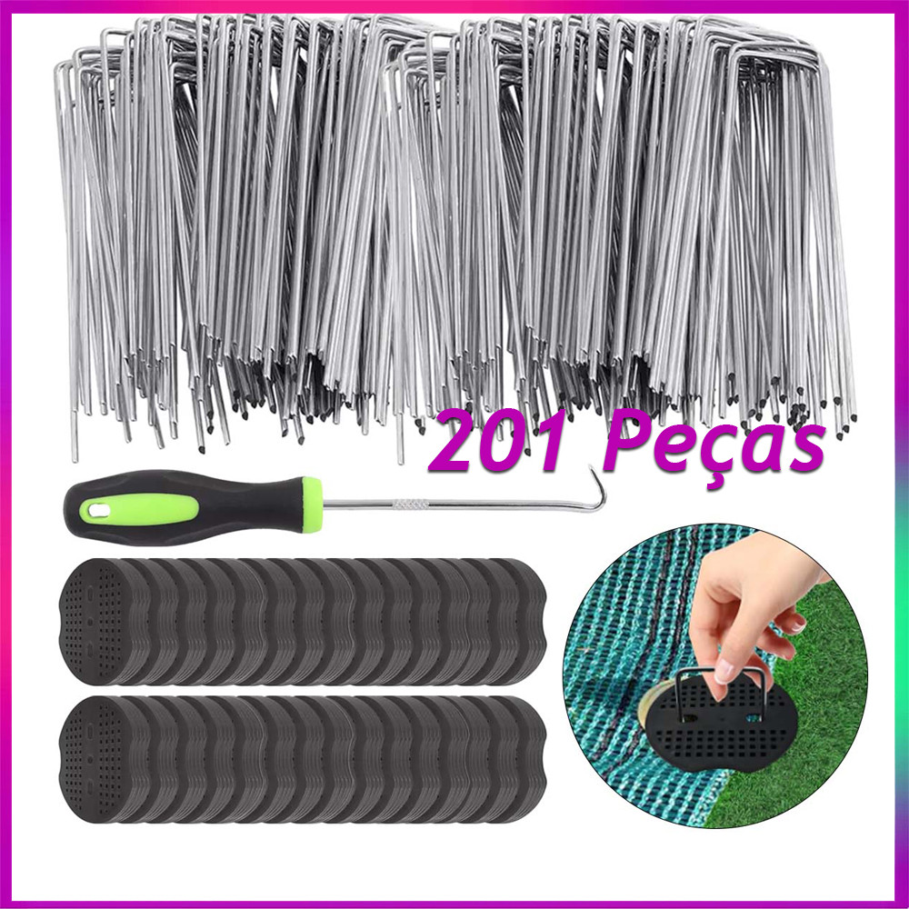 201 peças de grampos de paisagem de arruela tampão pinos de gramado galvanizados em forma de U, pino de chão resistente