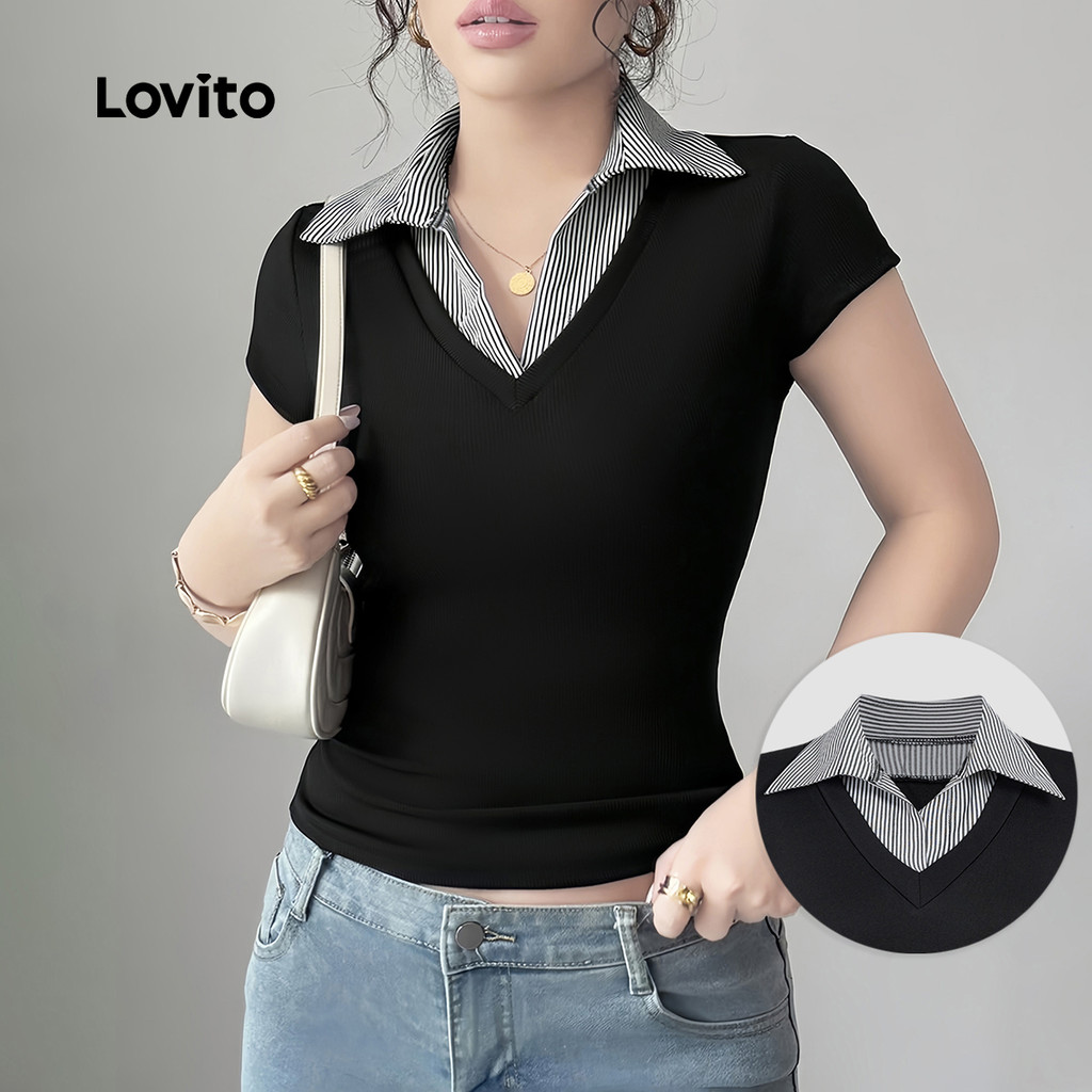 (NEW) Lovito Camisa Polo Preppy com Gola de Contraste Costura de Tecido Camiseta de Primavera/Verão L155ED843