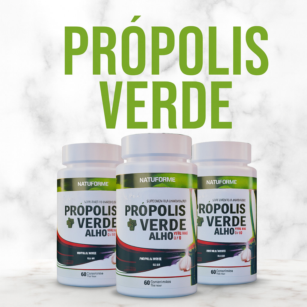 Suplemento de Própolis Verde com Alho + Vitaminas C e D 100% Natural – 60 Comprimidos de 1000mg