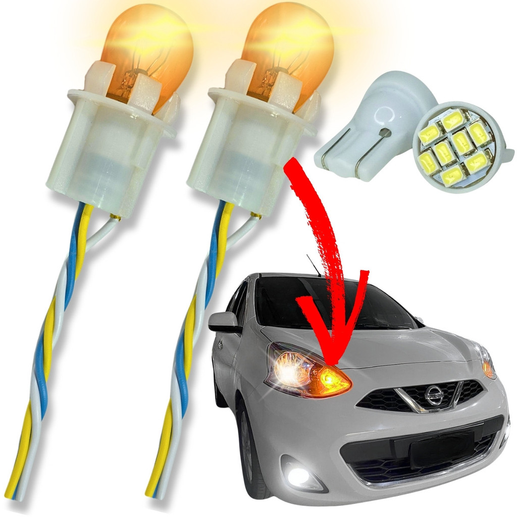 KIT SETA CONJUGADA LÂMPADA 2 POLOS AMBAR 12V 21/5W BAY15D + SOQUETE COM GARRA 2 POLOS + T10 LED