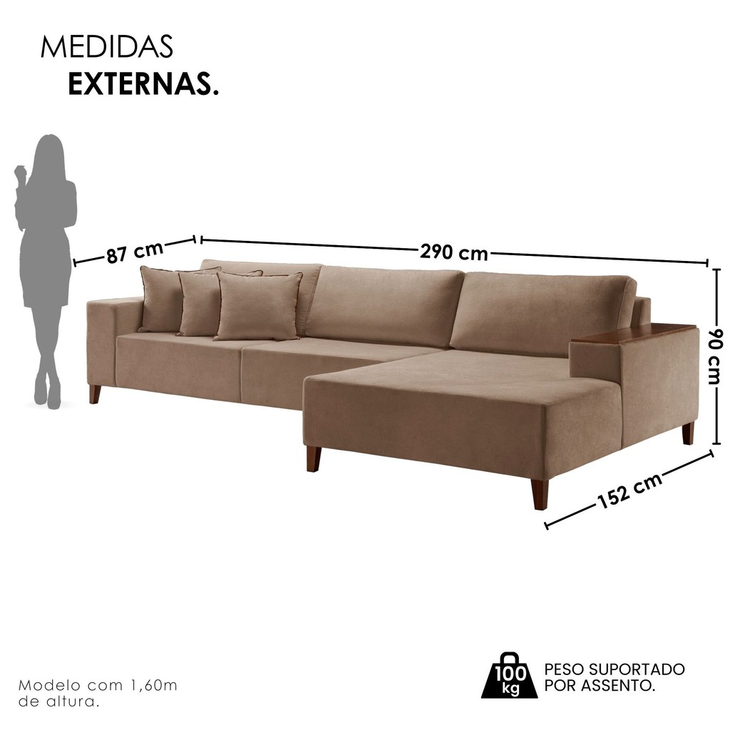 Detalhes do Sofá Grécia 4 lugares com Chaise Linho 2,90M Bege