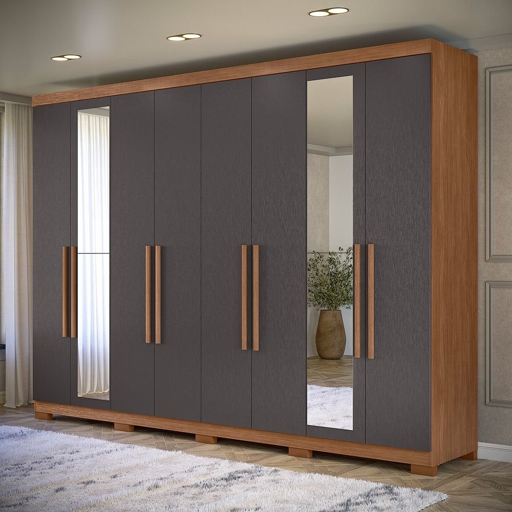 Guarda-roupa 8 Portas 4 Gavetas Master New com Espelho e Pés Jatoba/Grafite em Oferta na Shopee