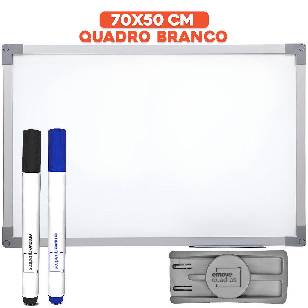 Lousa Branca Quadro Branco 70x50cm Soft Alumínio Lisa + 2 Canetas Marcadores + Apagador Escolar