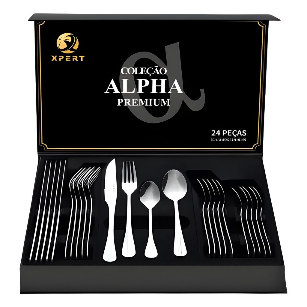 Jogo Faqueiro Talheres De Aço Inox 24 Peça Coleção Alpha Premium Kit Completo Prata Mesa Posta Xpert