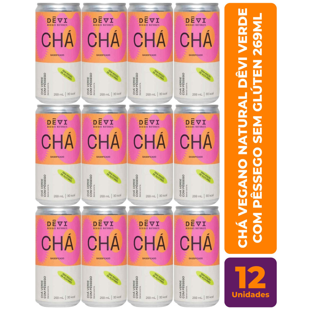 Kit c/ 12 Chá Vegano Natural DÊVI Verde com Pêssego Gaseificado 269ml