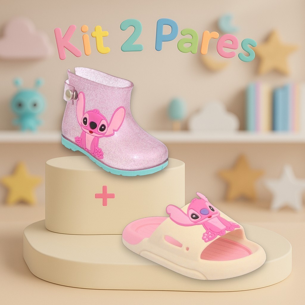 Kit 2 pares bota galocha chinelo slide infantil feminina menina stitch confortável macia lançamento