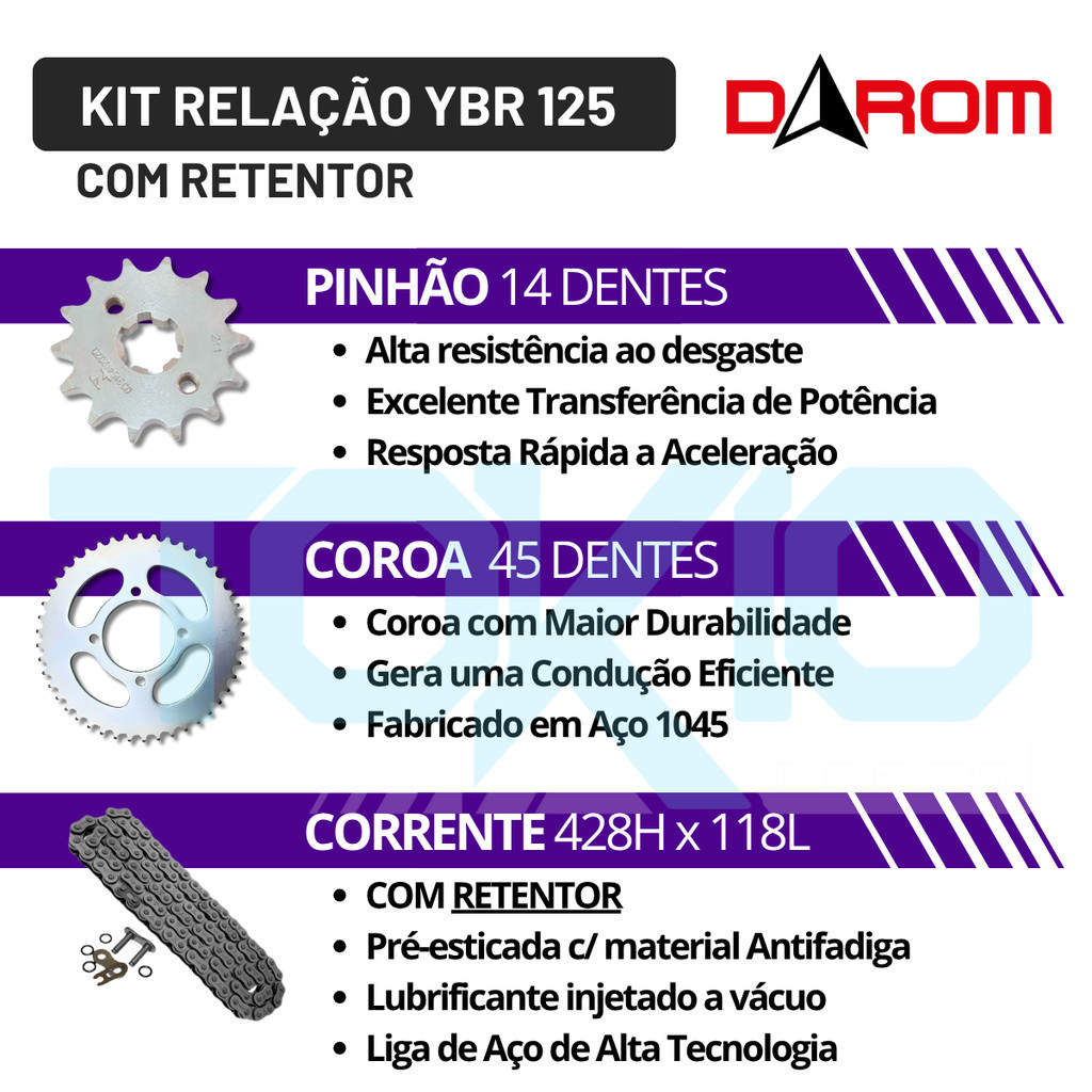 KIT RELAÇÃO COM RETENTOR YBR 125 2003 A 2015 TRANSMISSÃO