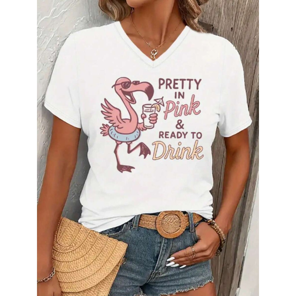 Camiseta Feminina de Gola Redonda Estampada com flamingo, CamisaT-shirt Feminina com Estampa de flamingo, Camiseta
