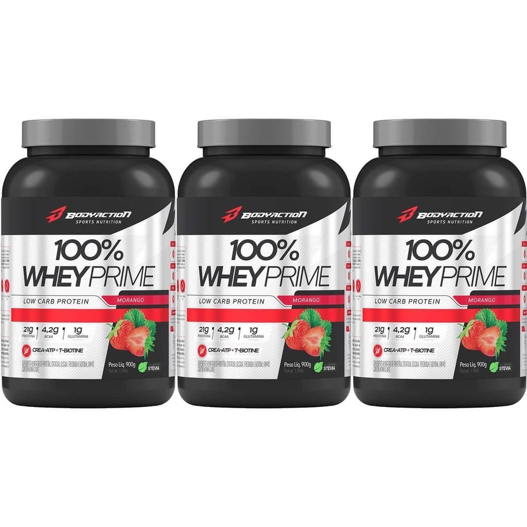 Kit 3X 100% Whey Prime Concentrado - 900g Morango - BodyAction