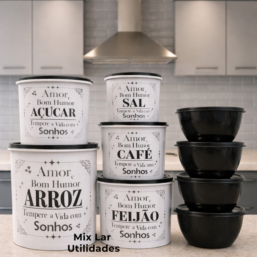 Kit organizadores de mantimentos para cozinha com 9 potes decorados