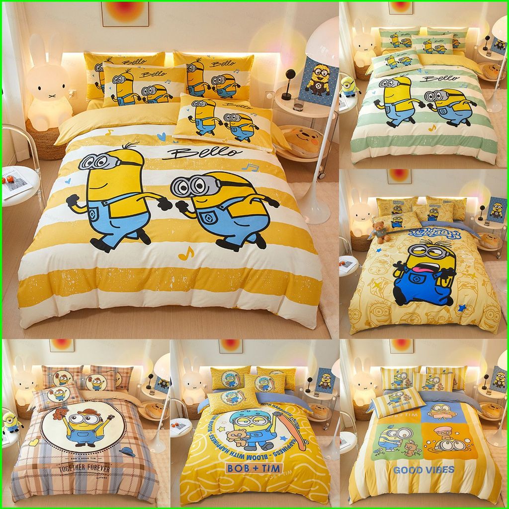 BB12 Minions Terno Conjunto De Cama Folha Colcha Capa Fronha Casa Quarto Lavável Dormitório 3IN1 BB12