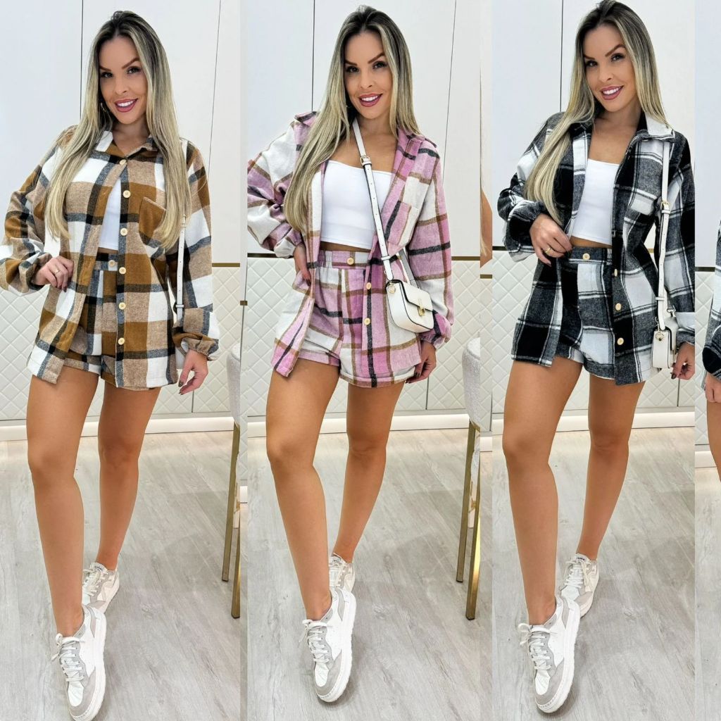 Conjunto Feminino Xadrez Flanelado Camisa Manga Longa com Botões e Short Cintura Alta Moda Inverno