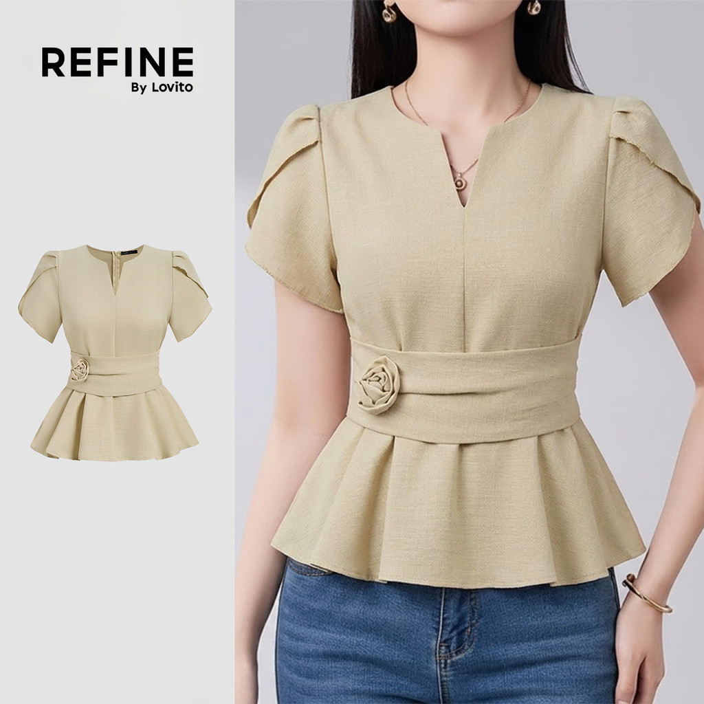 (Refine by Lovito) Blusa Elegante com Babados Camisa Bege de Primavera/verão para Mulheres LR35E027