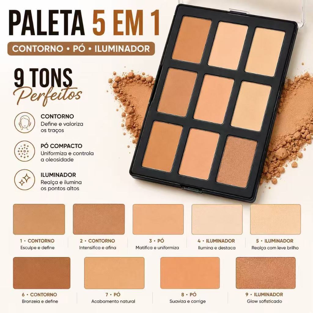 Paleta Facial 3 em 1 Contorno Iluminador e Pó Compacto Acabamento Natural