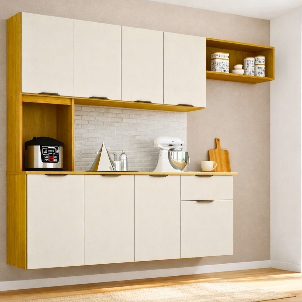 Cozinha Compacta Suspensa 8 Portas 1 Gaveta Nicho e Prateleiras Zarah Marrom/Cinamomo/Off White Acetinado Cinamomo/Off