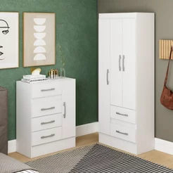 Quarto Completo com Guarda-Roupa 3 Portas e 2 Gavetas e Cômoda 4 Gavetas 1 Porta Branco