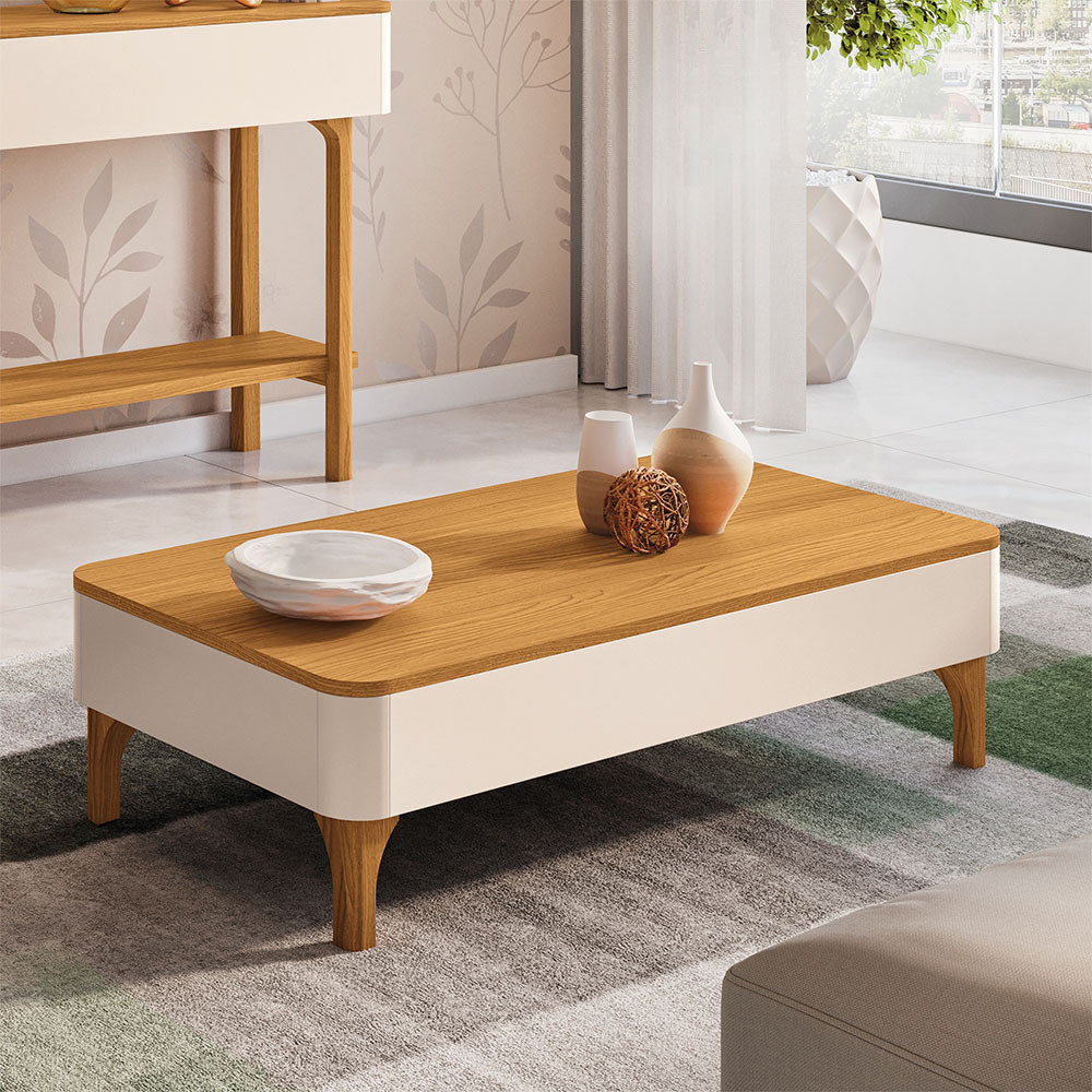 Mesa de Centro Para Sala Orgânica Pés Madeira Maciça Ceci B01 Off White Cinamomo - Lyam Decor