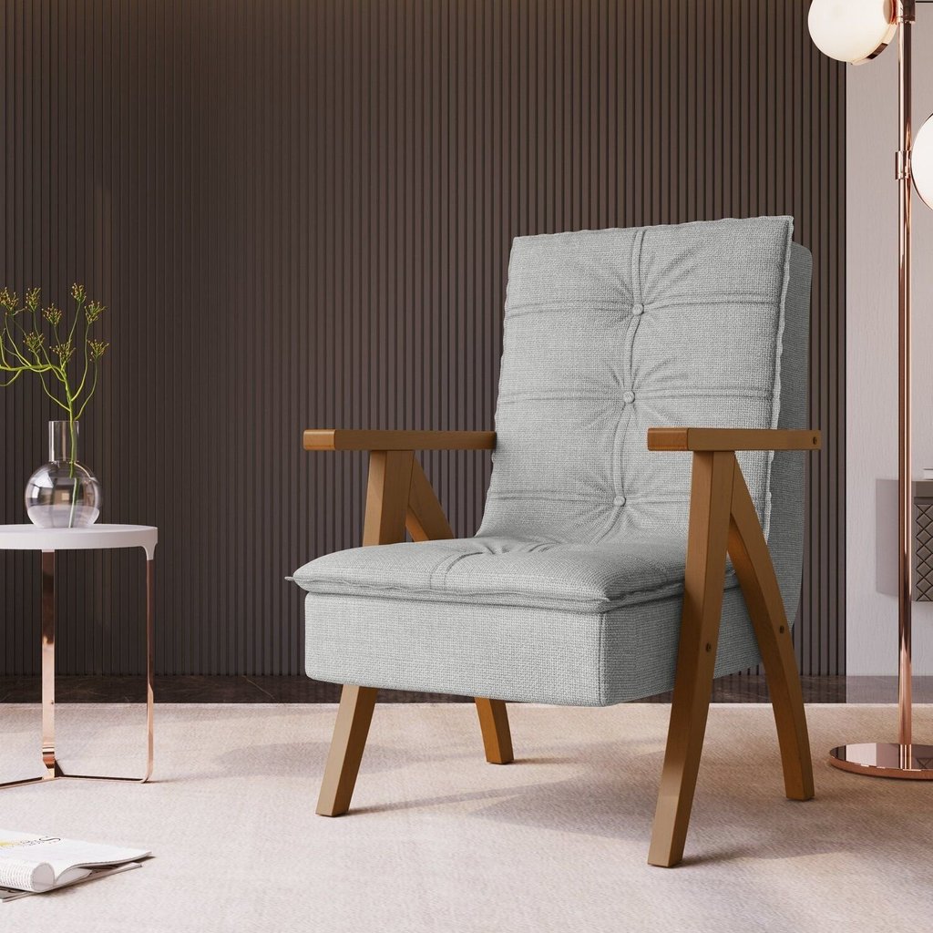 Poltrona Decorativa com Encosto Alto Madeira Maciça e Linho Cinza 559 61cm