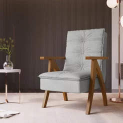 Poltrona Decorativa com Encosto Alto Madeira Maciça e Linho Cinza 559 61cm