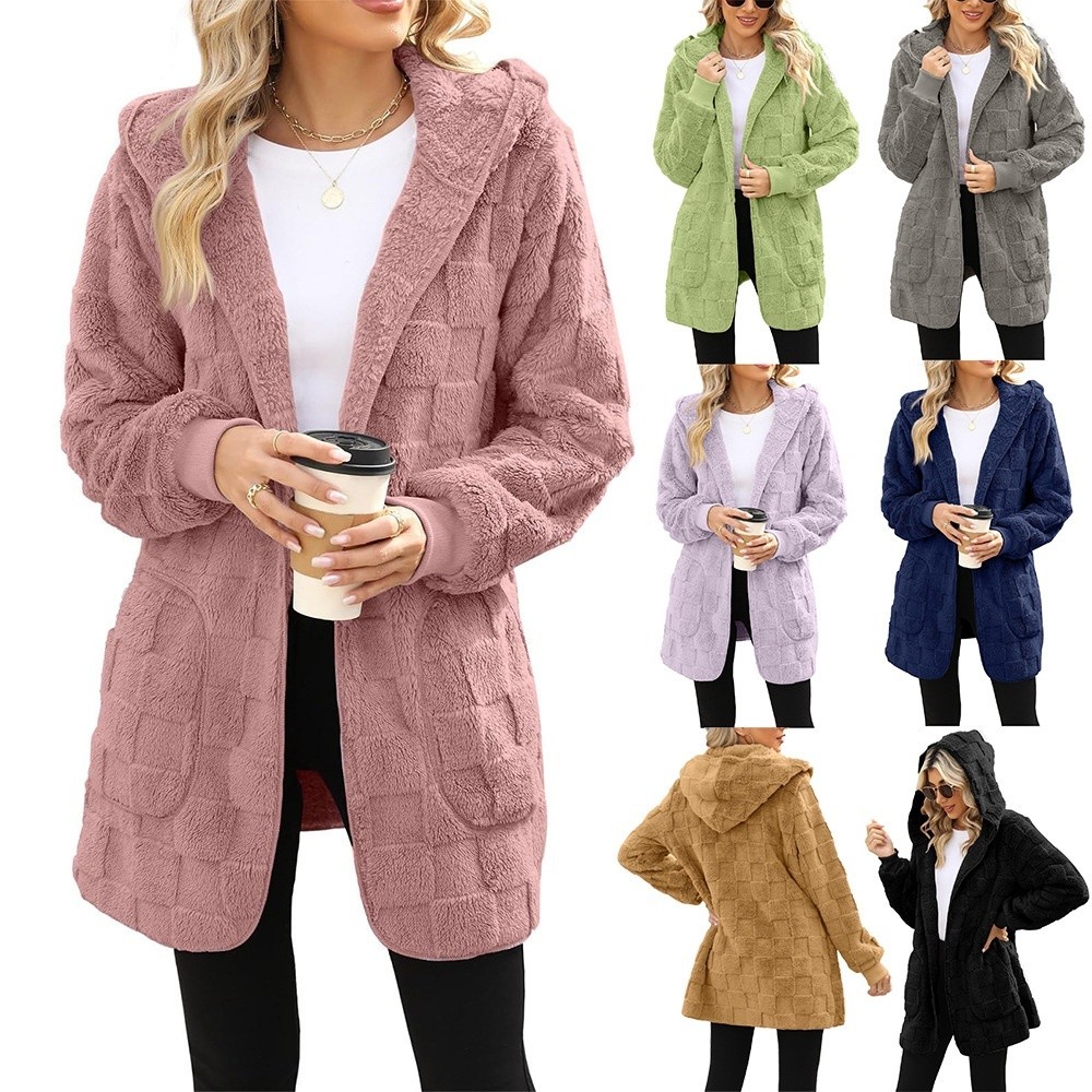 【Estilo e Conforto】New Plaid Jacquard Hooded Cardigan With Pockets Women's Cozy Knit Coat/Blusa de Inverno/Xadrez