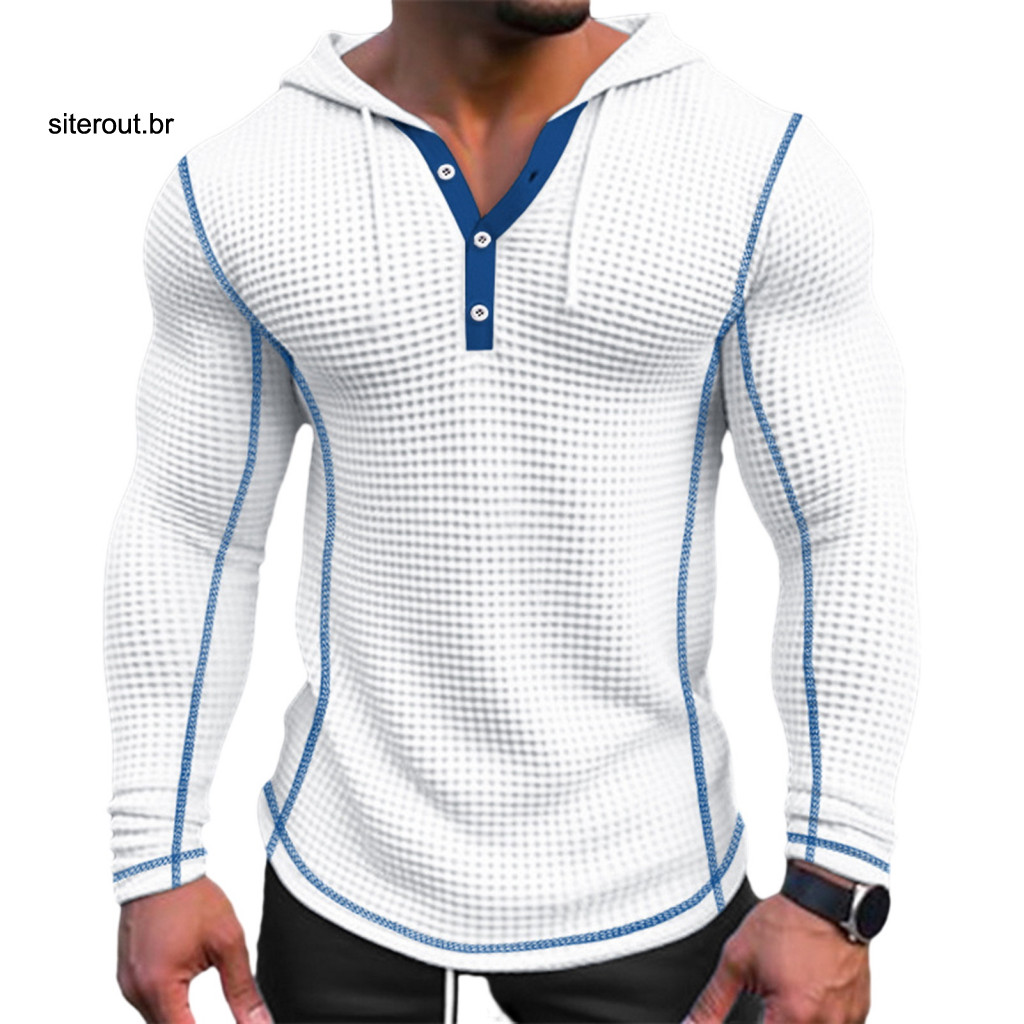Solid Color Long Sleeve Top Slim Fit Men Sweatshirt Men's Cotton Waffle Hoodie Breathable Pullover with Button Closure S