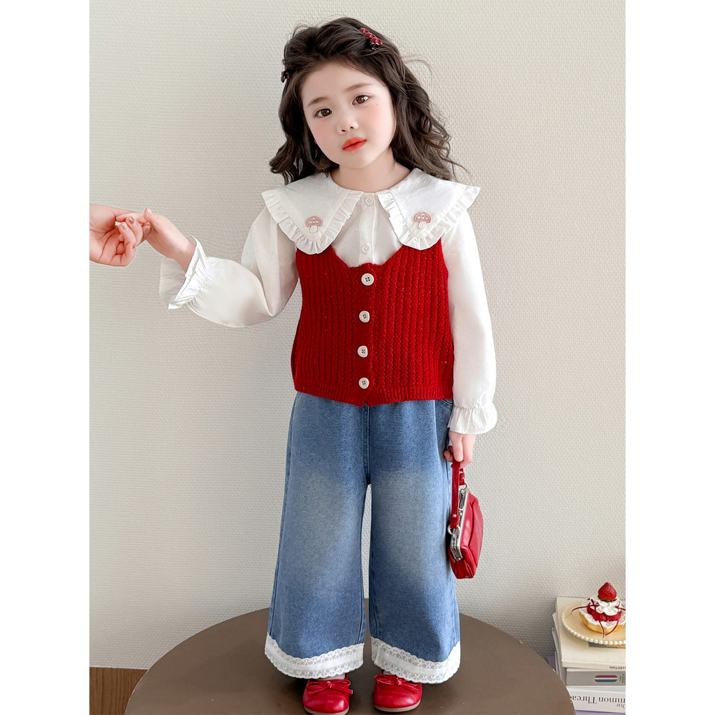 Meninas primavera colete de malha conjunto de três peças pequena princesa bebê menina moda Casual moda primavera camisa
