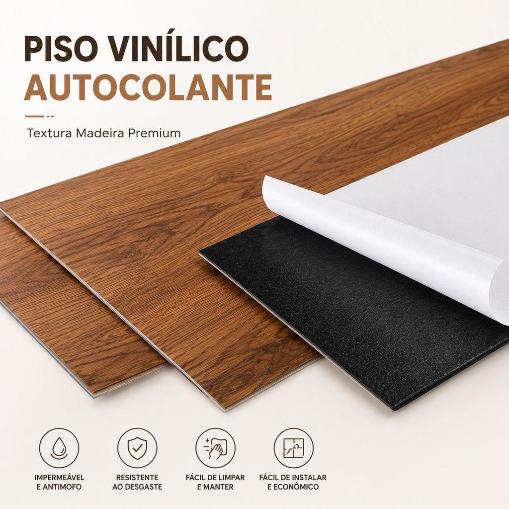 Kit 36 Placas Piso Vinílico Autocolante Madeira Premium Impermeável Fácil Instalação e Alta Durabilidade