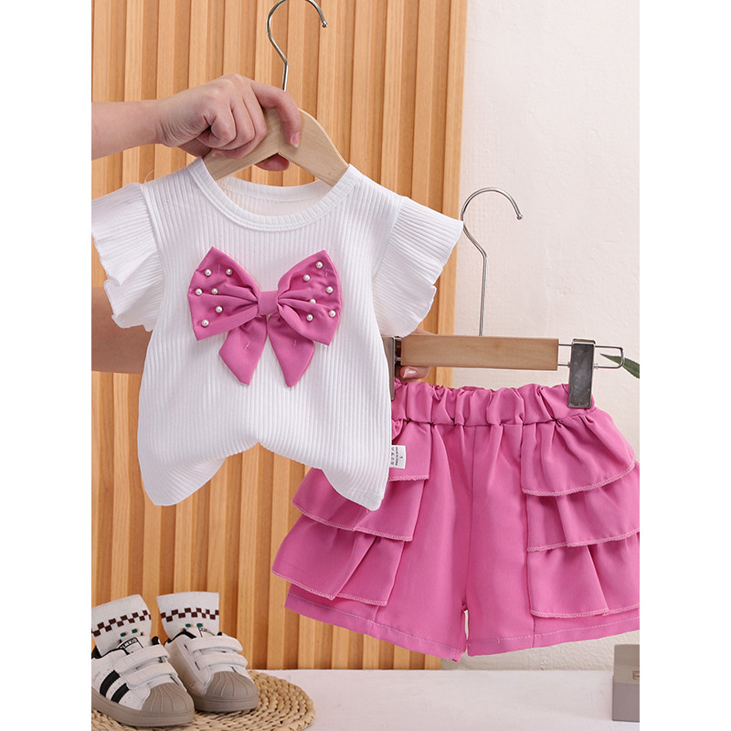 Meninas roupas de verão 2026 novo estilo elegante arco de manga curta terno de duas peças bebê verão moda bebê crianças