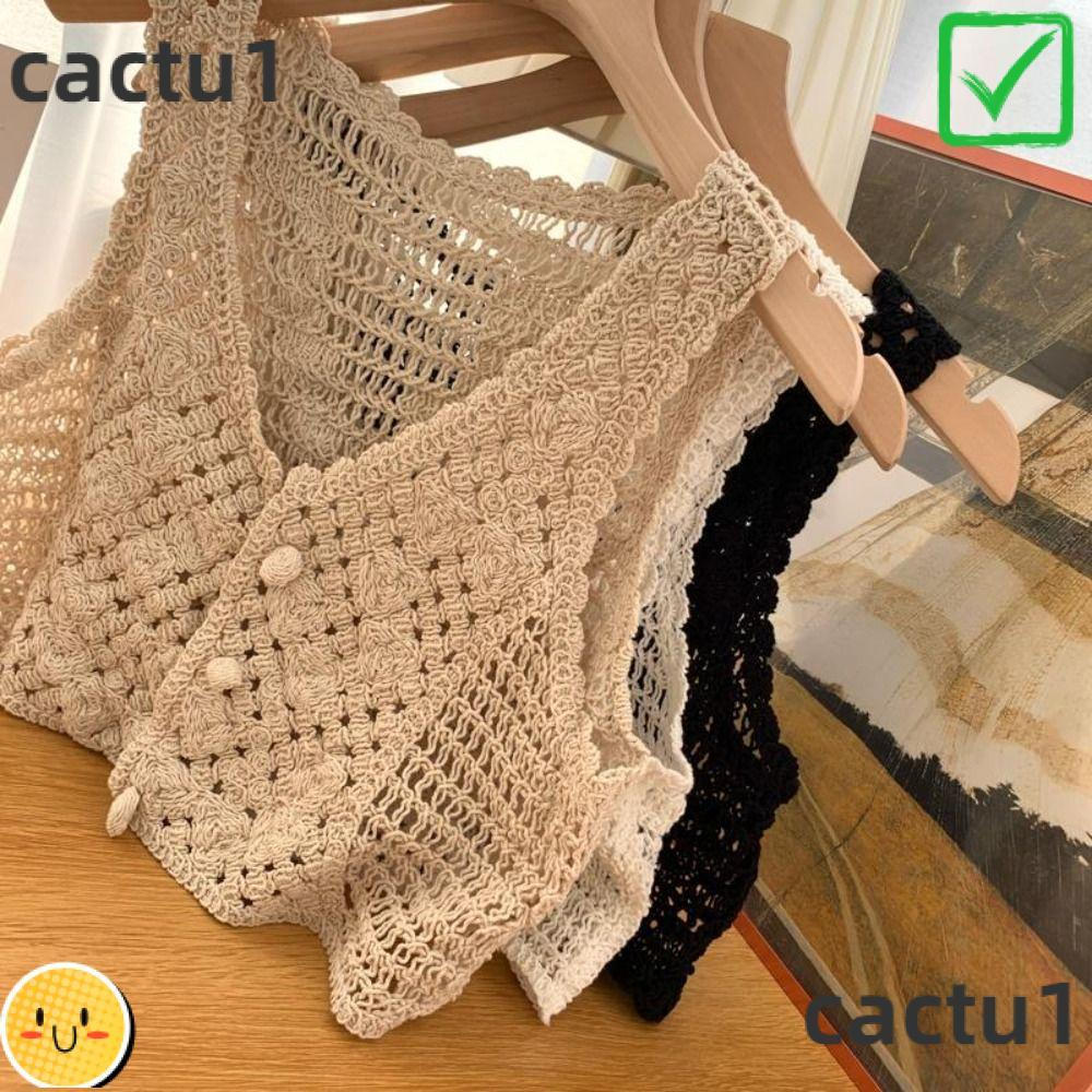CACTU Cardigans Com Botões , Regatas Curtas De Crochê De Malha De Tecido Sem Mangas , Lenços Curtos De Praia Chiques