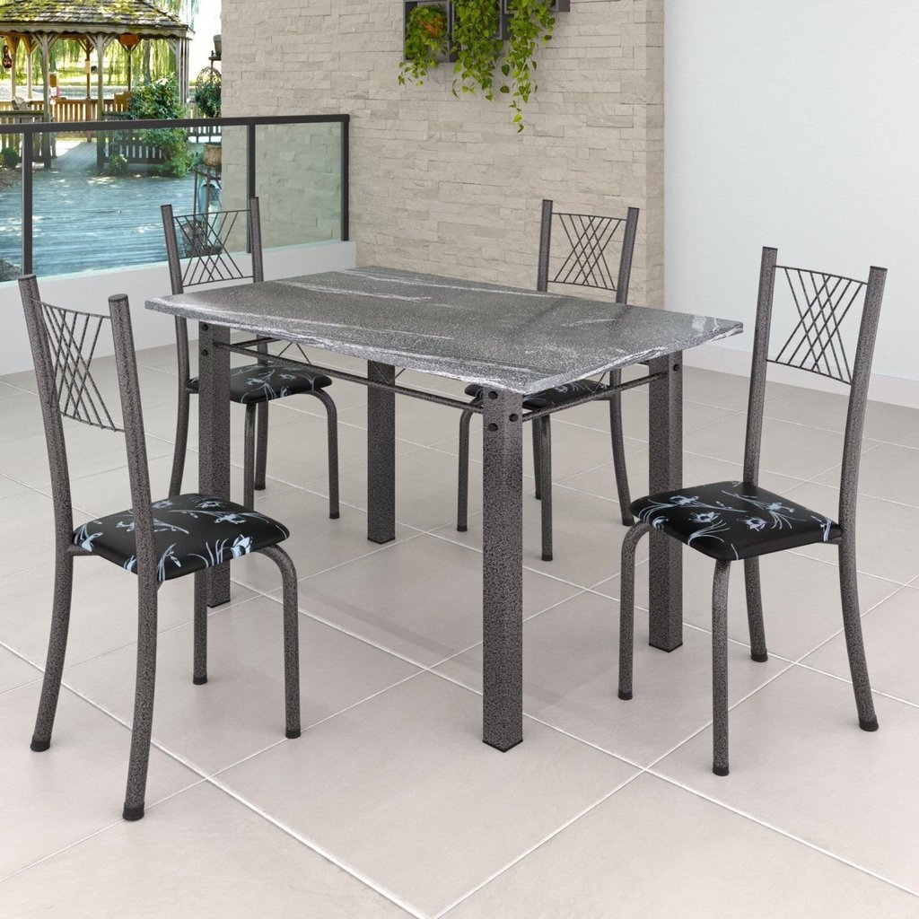 Conjunto Mesa com 4 Cadeiras Tampo de Granito Topázio Sara Yescasa Prata/Preto Floral/Mart Preto Floral/Prata