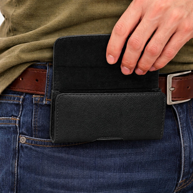 Suporte Cinto de Couro Preto Sintético Porta Celular Universal Premium Capinha Smartphone