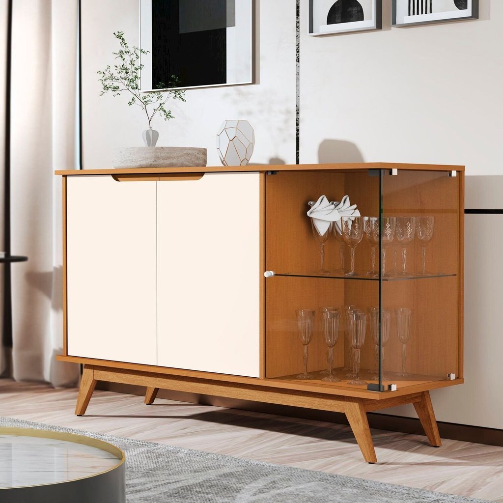 Buffet Aparador 2 Portas Vidro Temperado Puxador Usinado 100% MDF Pés em Madeira Maciça 136cm Linha 2025 Marrom