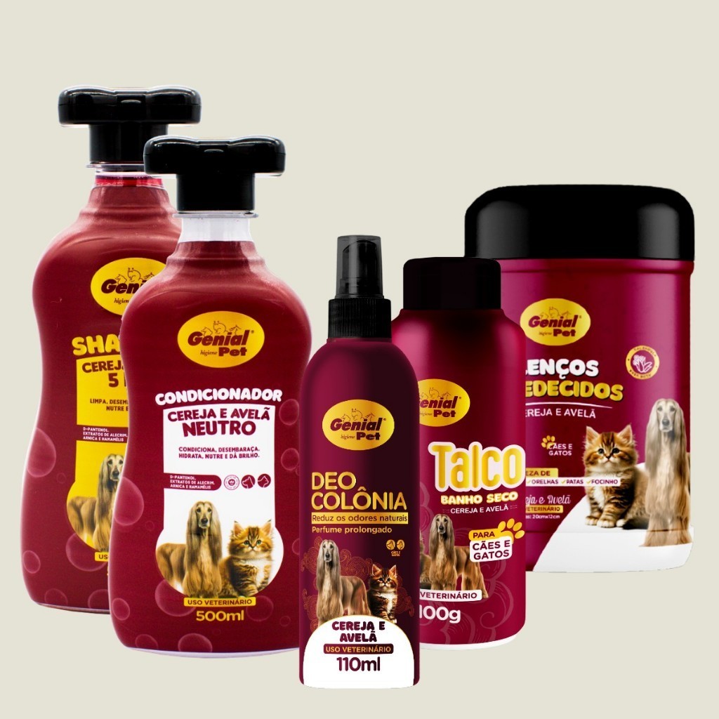 Kit Banho e Tosa Shampoo Condicionador Talco Perfumado, Lenço Perfume Cereja e Avelã Cachorro e Gato PROMOCAO