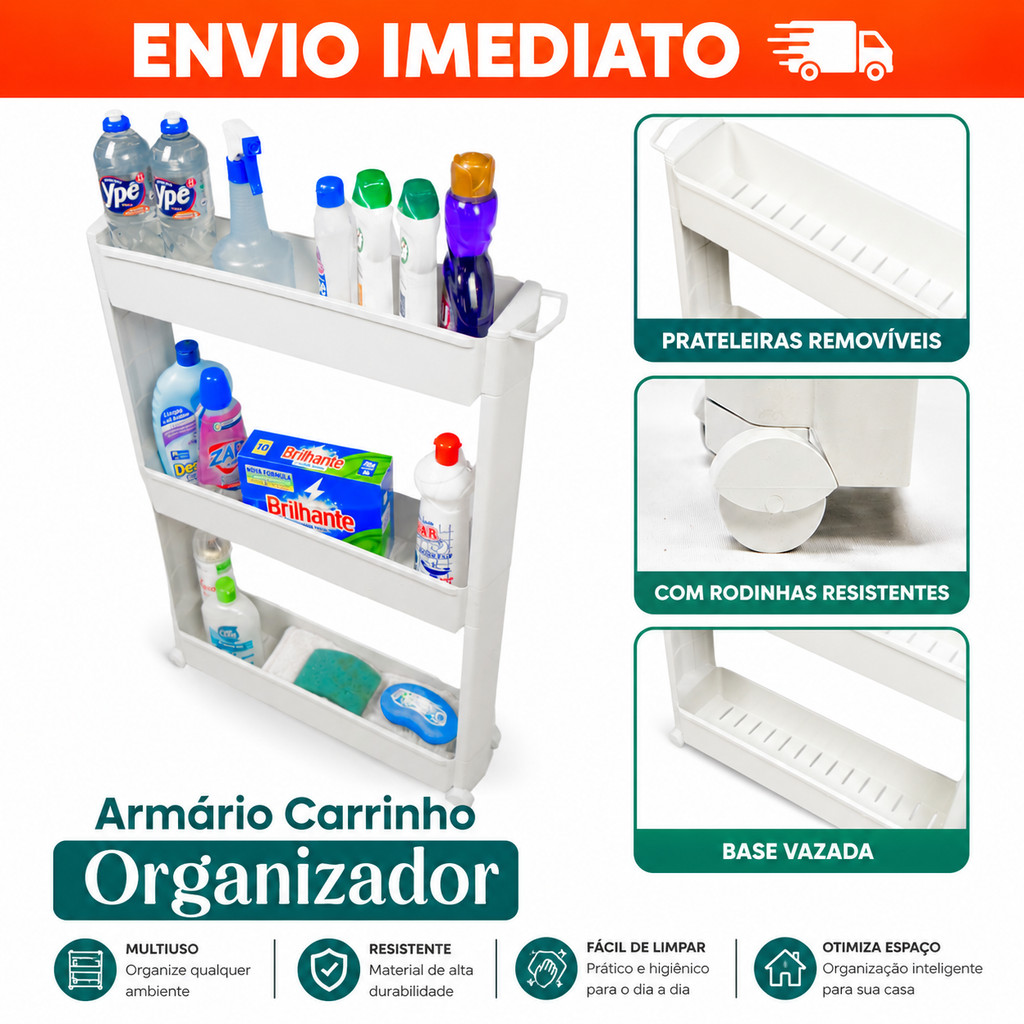 Armário Carrinho Organizador Multiuso Com Rodinhas 3 Prateleiras Cozinha Lavanderia Banheiro