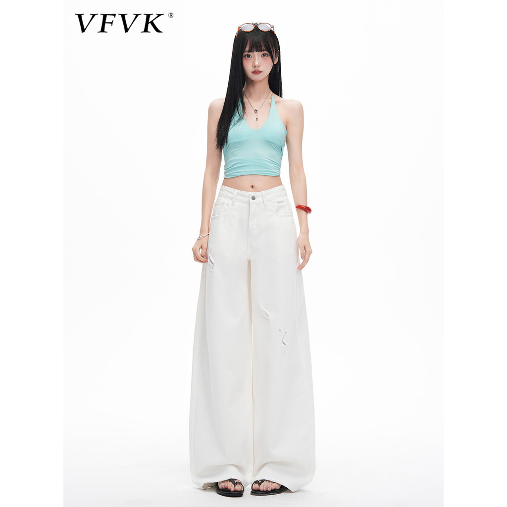 Vfvk rasgado Machete Jeans feminino verão fino opaco calças brancas forma pêra corpo solto mais magro olhar calças de pe
