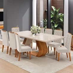 Conjunto Sala de Jantar 8 Lugares Retangular Tampo em Vidro e MDF Oversized Bege/Mel/Off White Mel/Off White/Bege