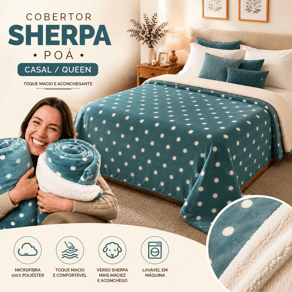 Coberdrom Poá Sherpa Dupla Face – Casal Queen Estampado com Manta Soft e Forro Peludo
