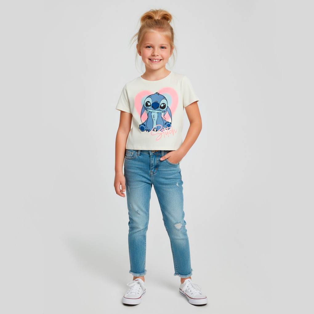 Blusa Cropped Infantil Menina Manga Curta Brandili Stitch