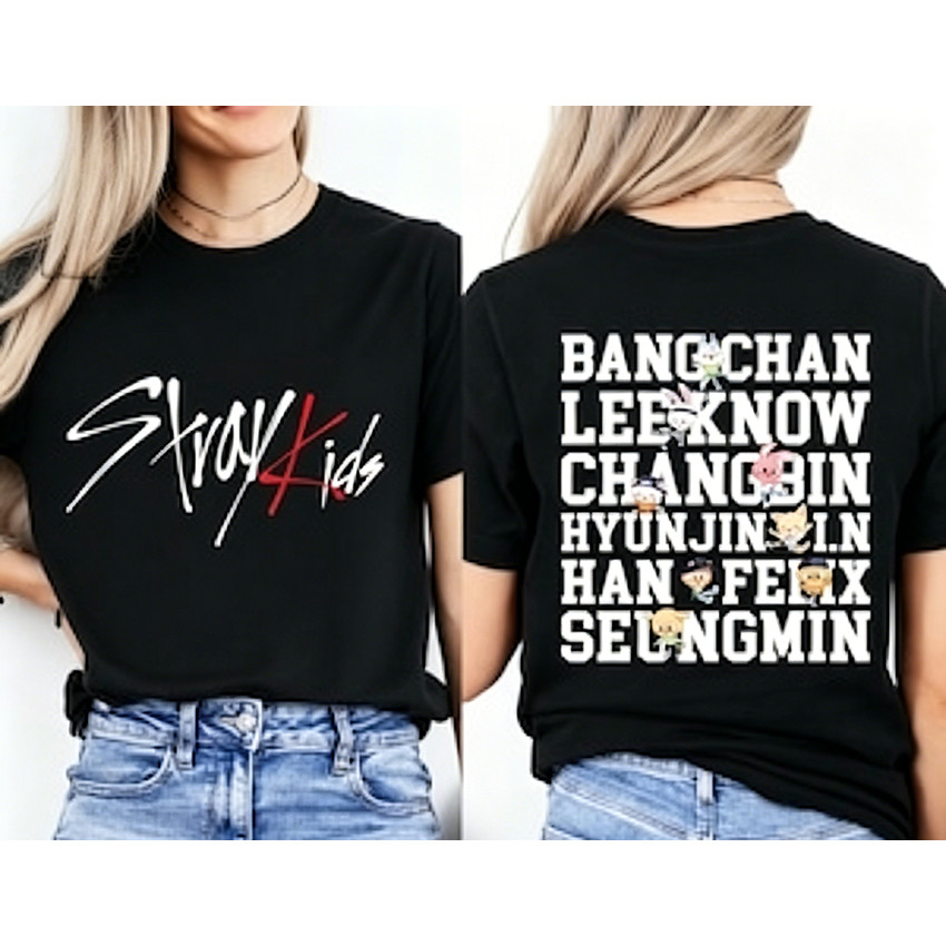 Camiseta Masculina Feminina Oversized Estampa Stray Kids Nomes dos Membros e Personagens SKZOO Frente e Verso