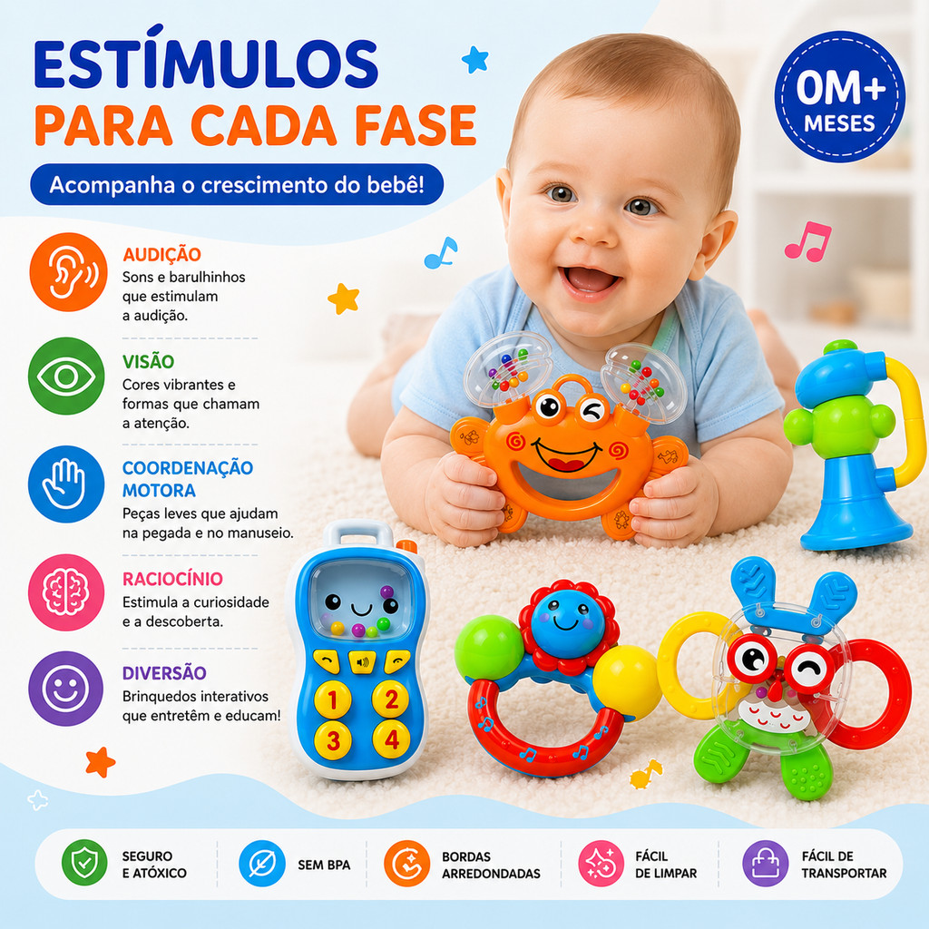 Kit Brinquedos para Bebê 5 Peças Chocalho Mordedor Telefone Musical Educativo Infantil