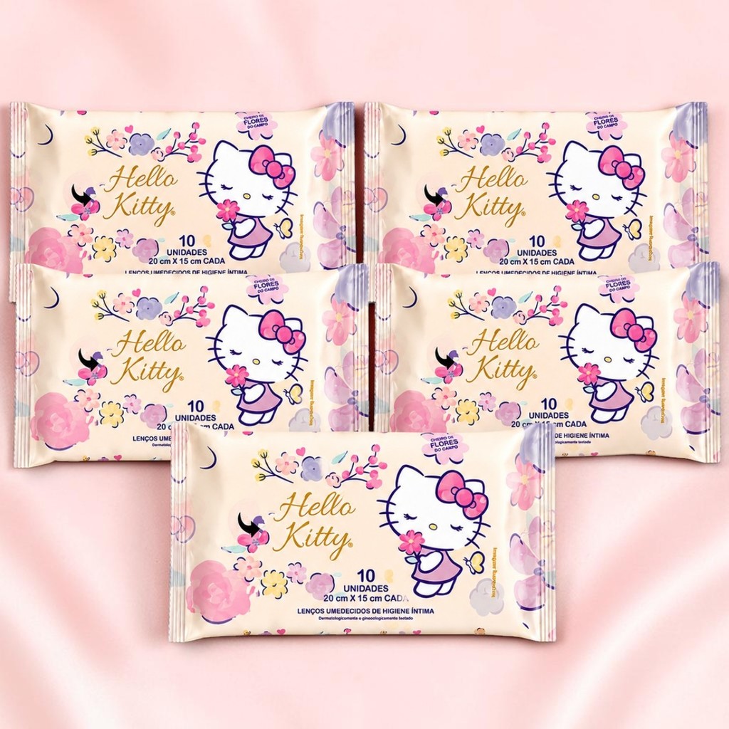 Kit 5 Lenços Umedecido Proteção Intima Feminina Hidratante Hello Kitty Lencinho Wipes Higiene