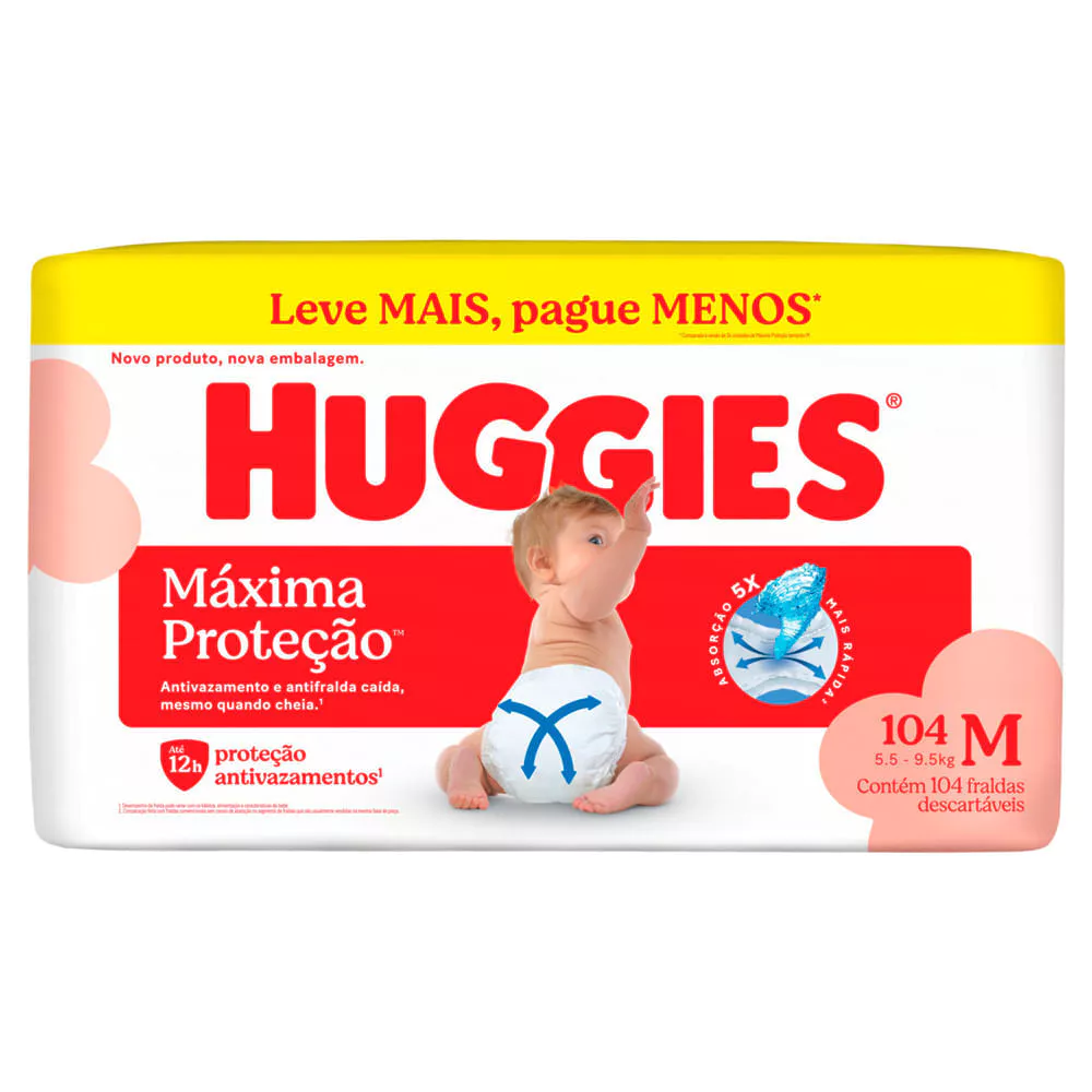 Fralda Huggies Máxima Proteção Tamanho M 104 Unidades Descartáveis Leve Mais Por Menos