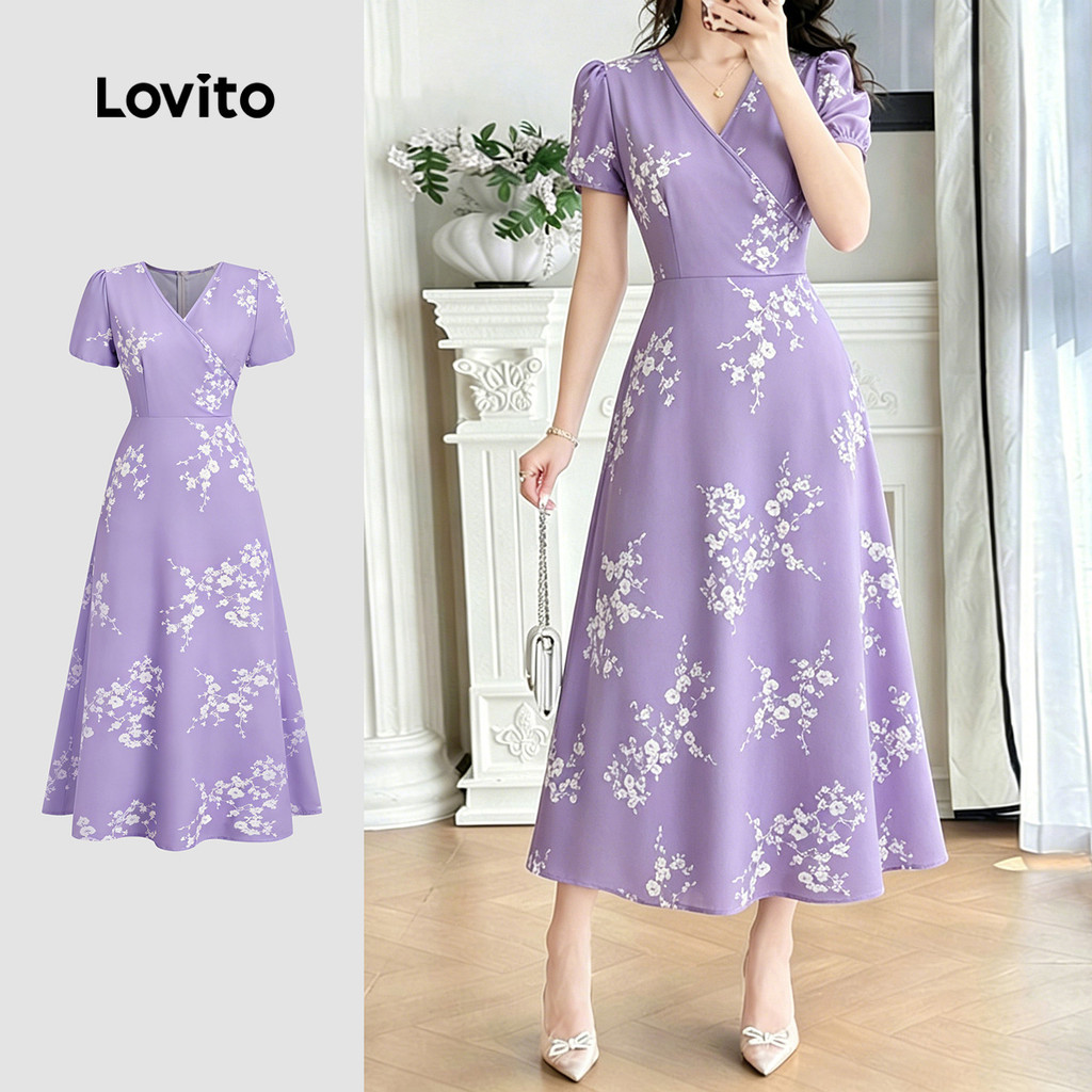 Lovito Vestido Elegante Casual De Flores Com Pregas E Linha Estrutural Vestido Roxo Para Mulheres Primavera/Verão LK5ED206