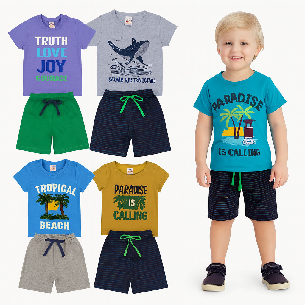 Kit Sortido 2 ou 4 Peças De Roupa Infantil Bebê Menino VERÃO Camisa Manga Curta e Shorts Masculino Verão Infantil Bebê