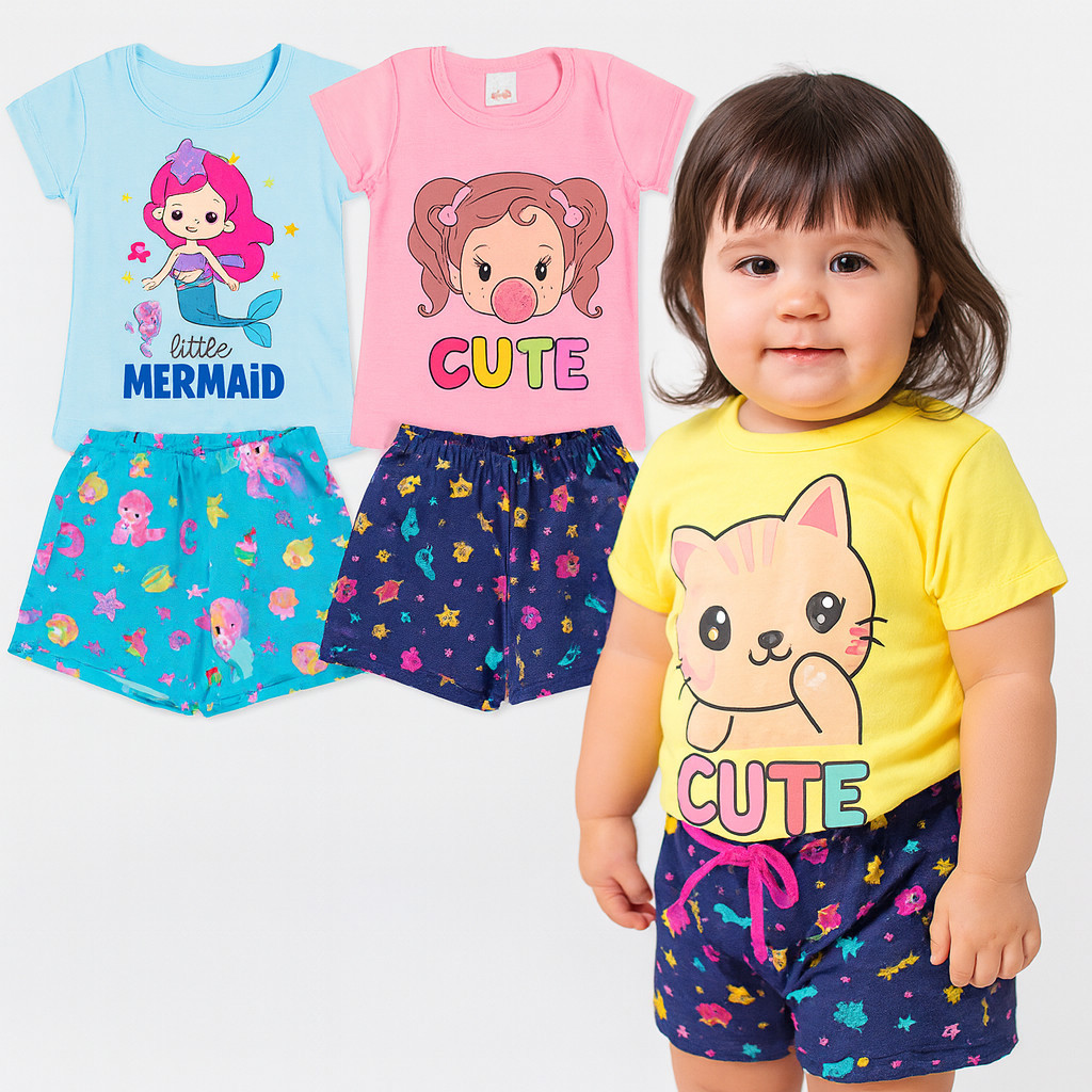 Kit Sortido 2 ou 6 peças Roupa Infantil Bebê Verão Menina Conjuntos Infantil Feminino VERÃO Leve e Confortável