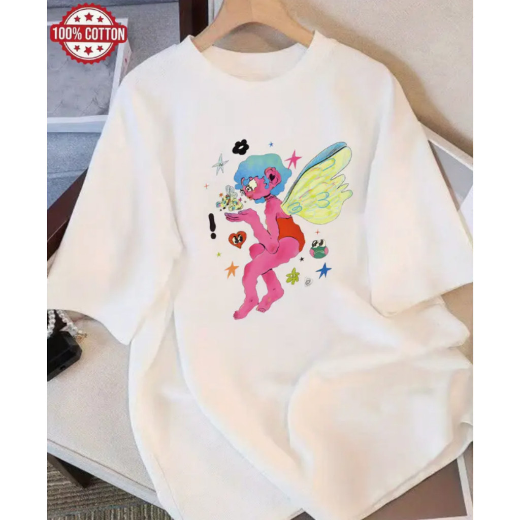 Bonito Camiseta Feminina De Algodão, Simples E Solta, Com Estampa Divertida De Personagem De Desenho Animado