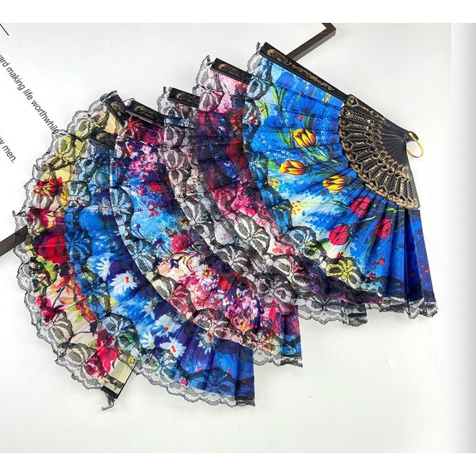 Kit 6 Leques De Mão Dobráveis Estampados Sortidos Abanador Portátil Decorativo Festa Dança Verão