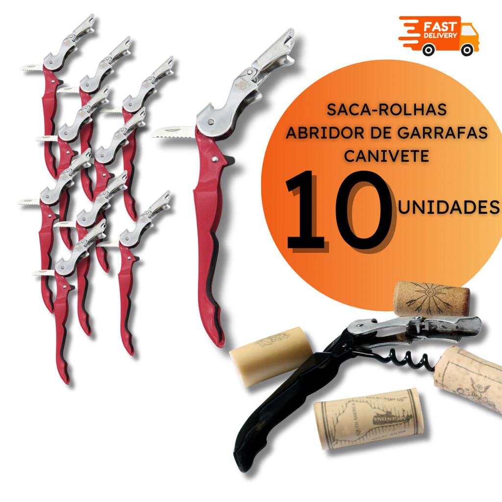 Conjunto de Saca Rolhas 3 em 1 Abridor Garrafas Mini Canivete Aço Inox Bar Restaurante - 2, 5 ou 10 unidades